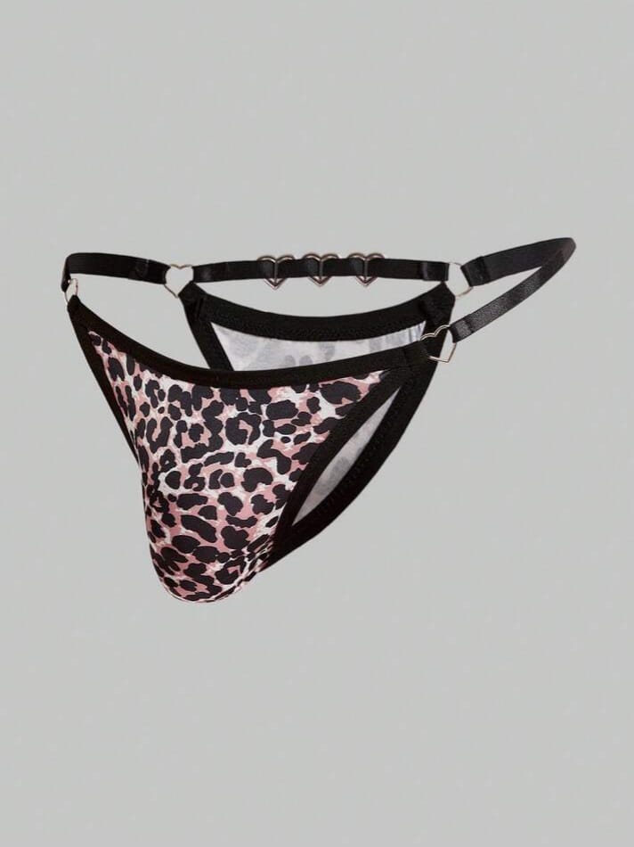 Men's Leopard Print Rhinestone Heart Decore Underwear